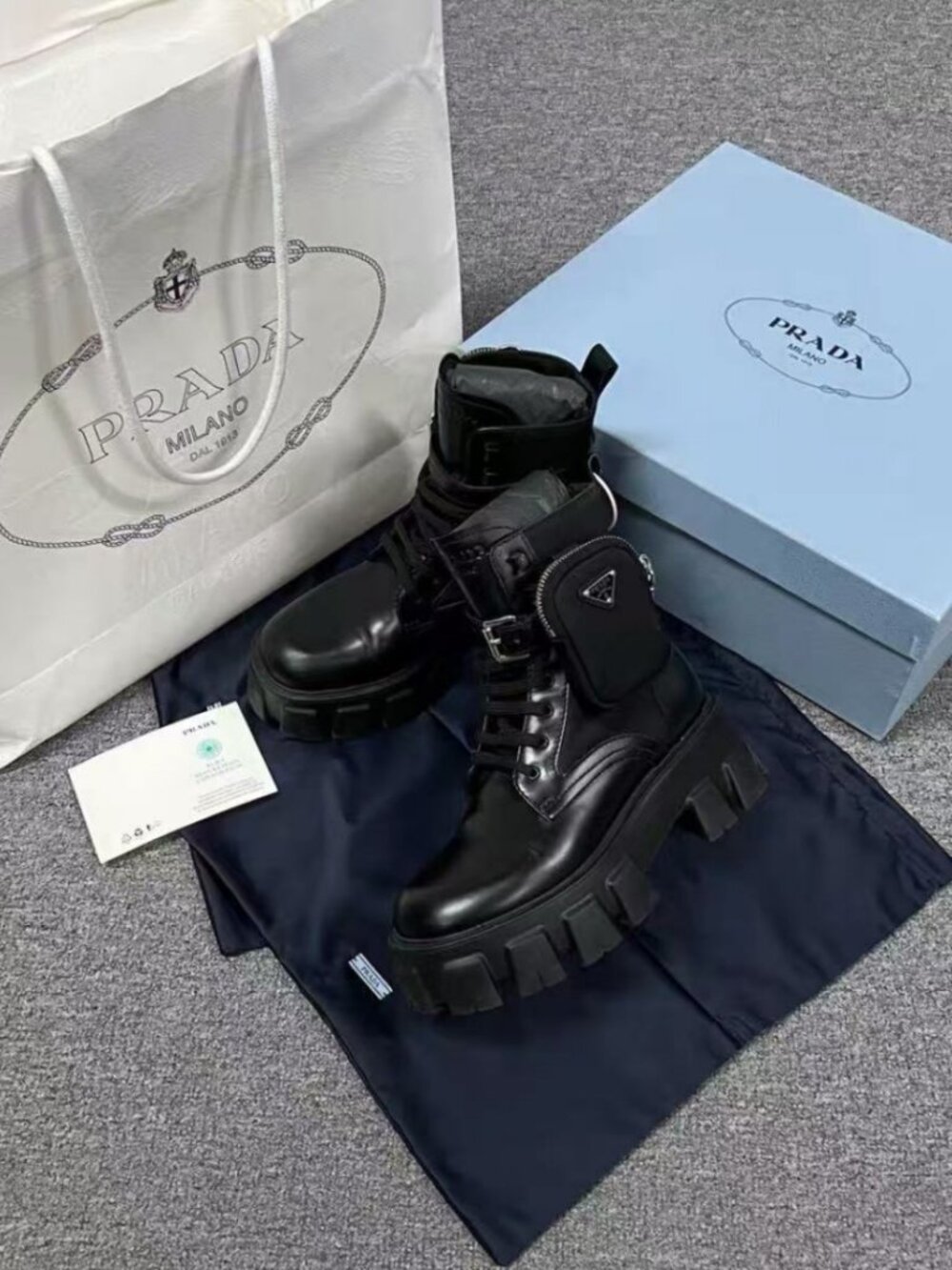 Prada Black Leather Removable Pocket Chunky Platform Boots - Picture 2 of 5